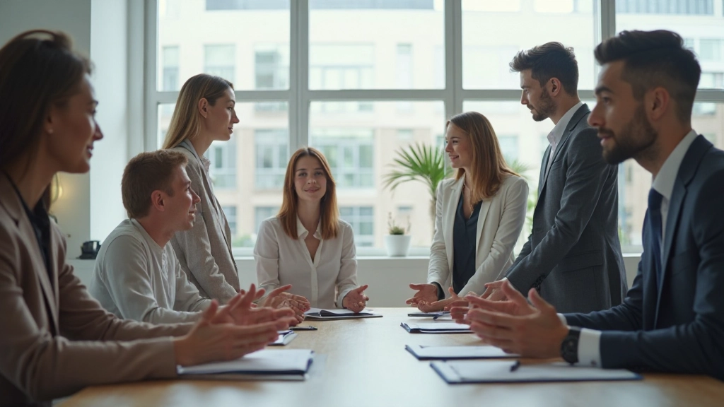 Успешная команда проводит совещание с позитивным результатом в офисе