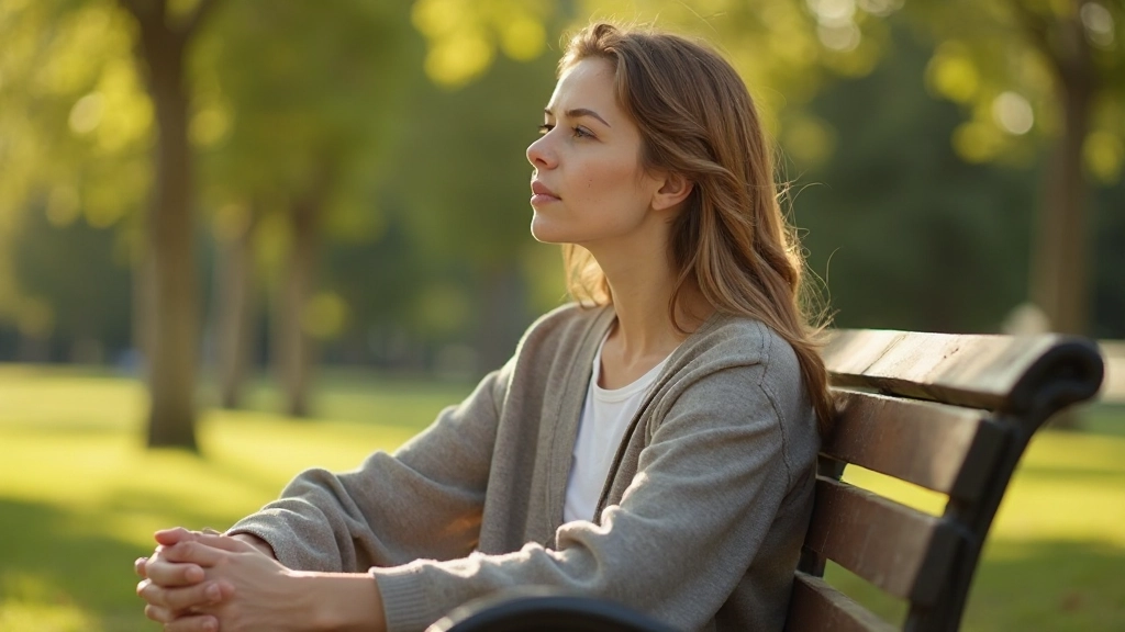 Молодая женщина отдыхает в парке, сидит на скамейке в полуденное время