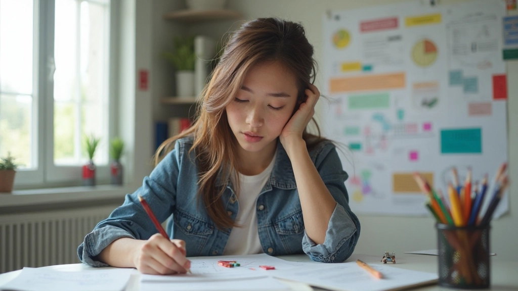 Молодая женщина занимается учебой с применением мнемонических техник, улучшает память с помощью ассоциаций